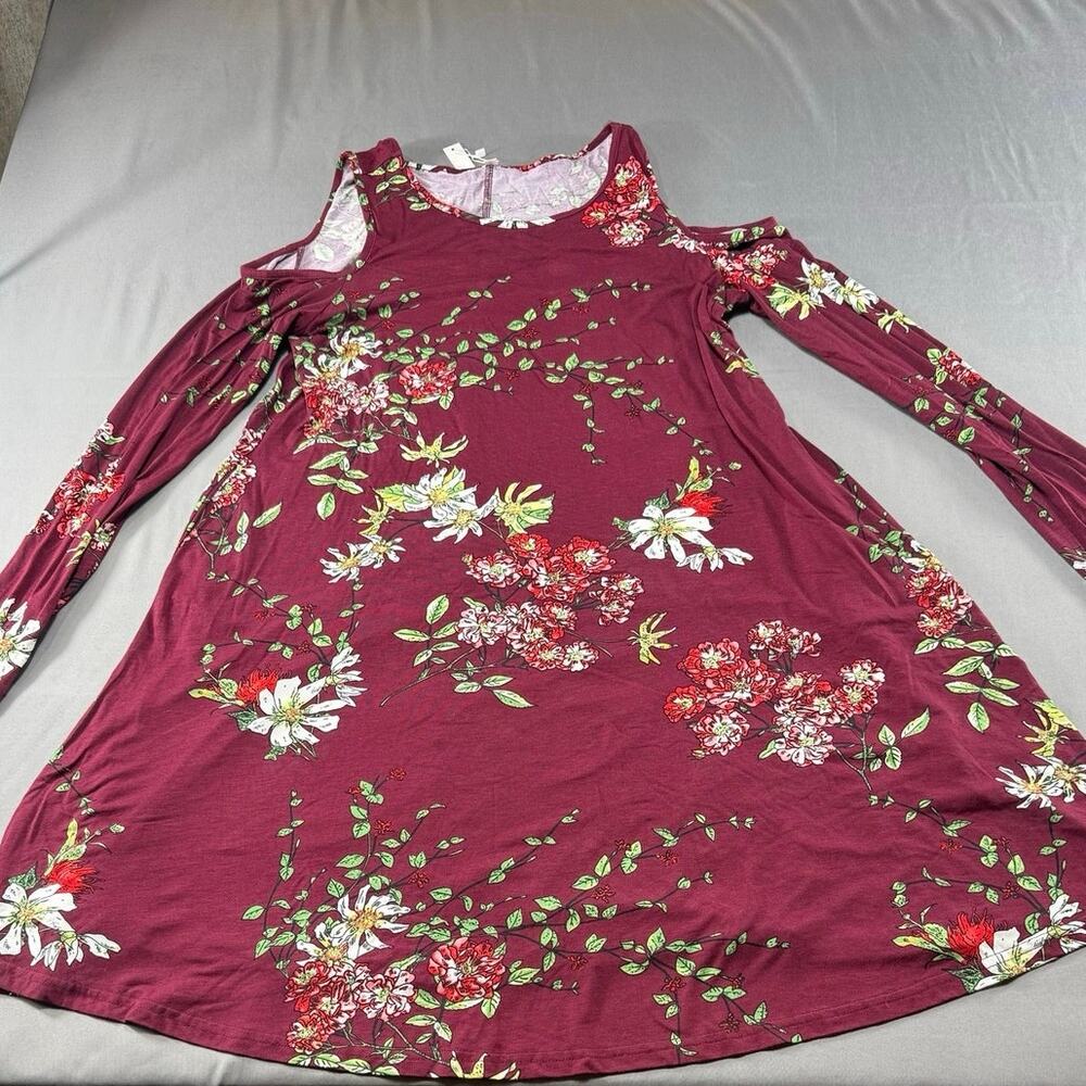 Floral Cold Shoulder Swing Dress Burgundy Long Sleeve Boho Tunic Dress XL